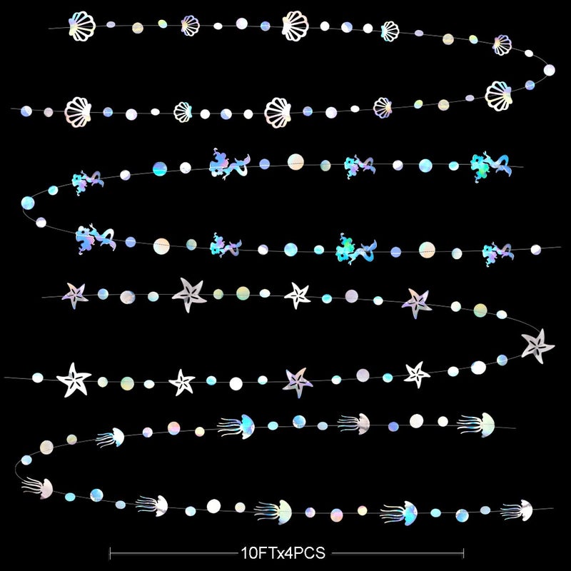 pinkblume 40 Ft Iridescent Mermaid Garland with Jellyfish Seashell Starfish Pearl Holographic Paper Streamer for Little Mermaid Rainbow Theme Birthday Bachelorette Baby Shower Under The Sea Party Decorations - Image 2