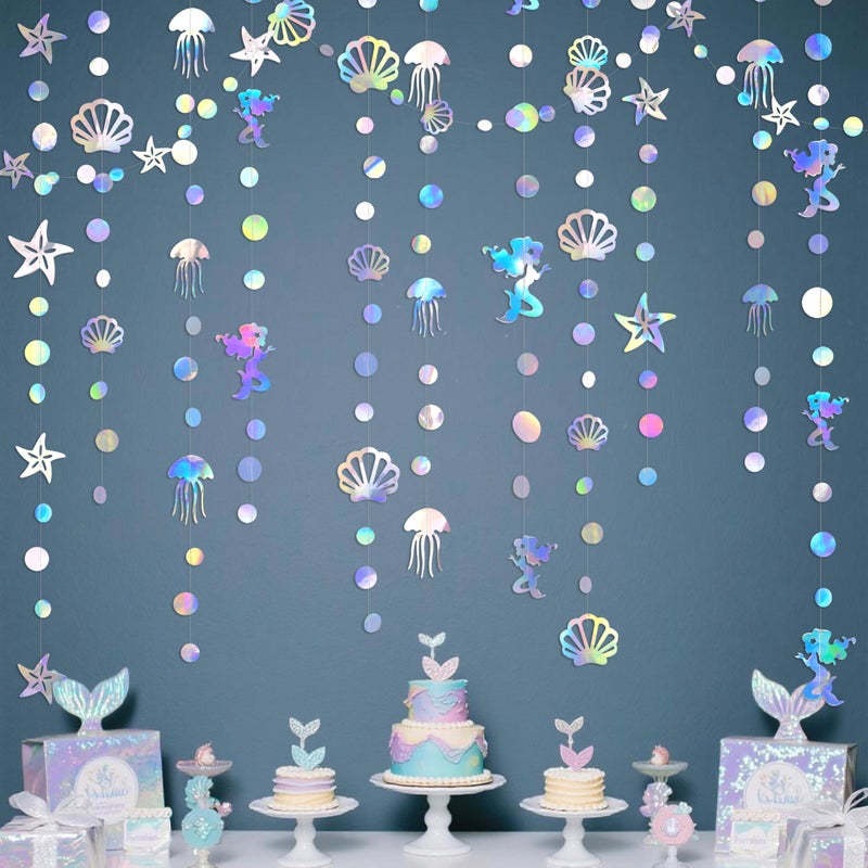pinkblume 40 Ft Iridescent Mermaid Garland with Jellyfish Seashell Starfish Pearl Holographic Paper Streamer for Little Mermaid Rainbow Theme Birthday Bachelorette Baby Shower Under The Sea Party Decorations - Image 3