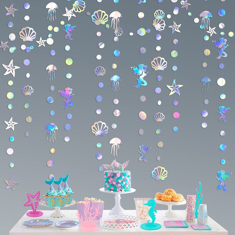 pinkblume 40 Ft Iridescent Mermaid Garland with Jellyfish Seashell Starfish Pearl Holographic Paper Streamer for Little Mermaid Rainbow Theme Birthday Bachelorette Baby Shower Under The Sea Party Decorations - Image 1