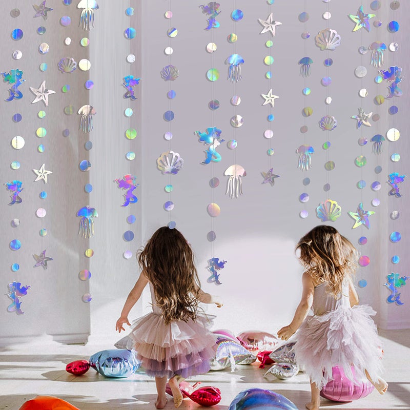 pinkblume 40 Ft Iridescent Mermaid Garland with Jellyfish Seashell Starfish Pearl Holographic Paper Streamer for Little Mermaid Rainbow Theme Birthday Bachelorette Baby Shower Under The Sea Party Decorations - Image 5