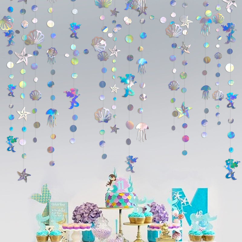 pinkblume 40 Ft Iridescent Mermaid Garland with Jellyfish Seashell Starfish Pearl Holographic Paper Streamer for Little Mermaid Rainbow Theme Birthday Bachelorette Baby Shower Under The Sea Party Decorations - Image 4