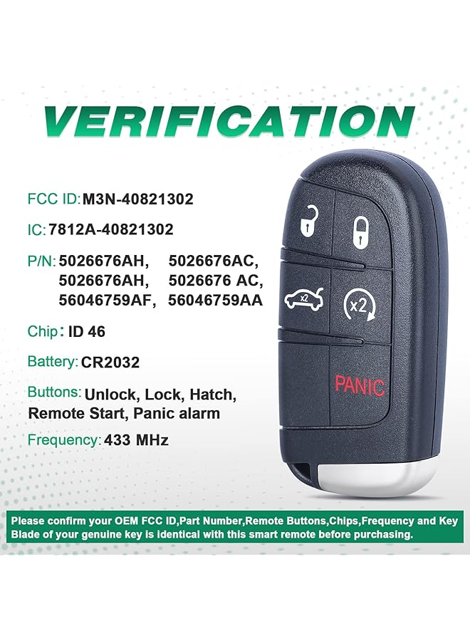 Generic 433Mhz Id46 Chip M3N-40821302 Replacement 4+1 5 Button Smart Remote Key Fob For Chrysler 300 2011-2018  - Image 2