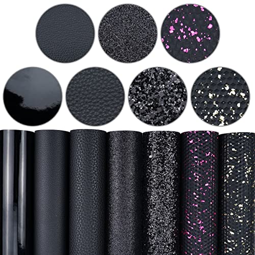 Litchi 7 Pack 8x12 Inch Faux Leather Sheets for Bow Earring, Easy to Cut Vinyl Fabric for Cricut, Durable Fade Resistant Leatherette Without Smell, Black - Image 1