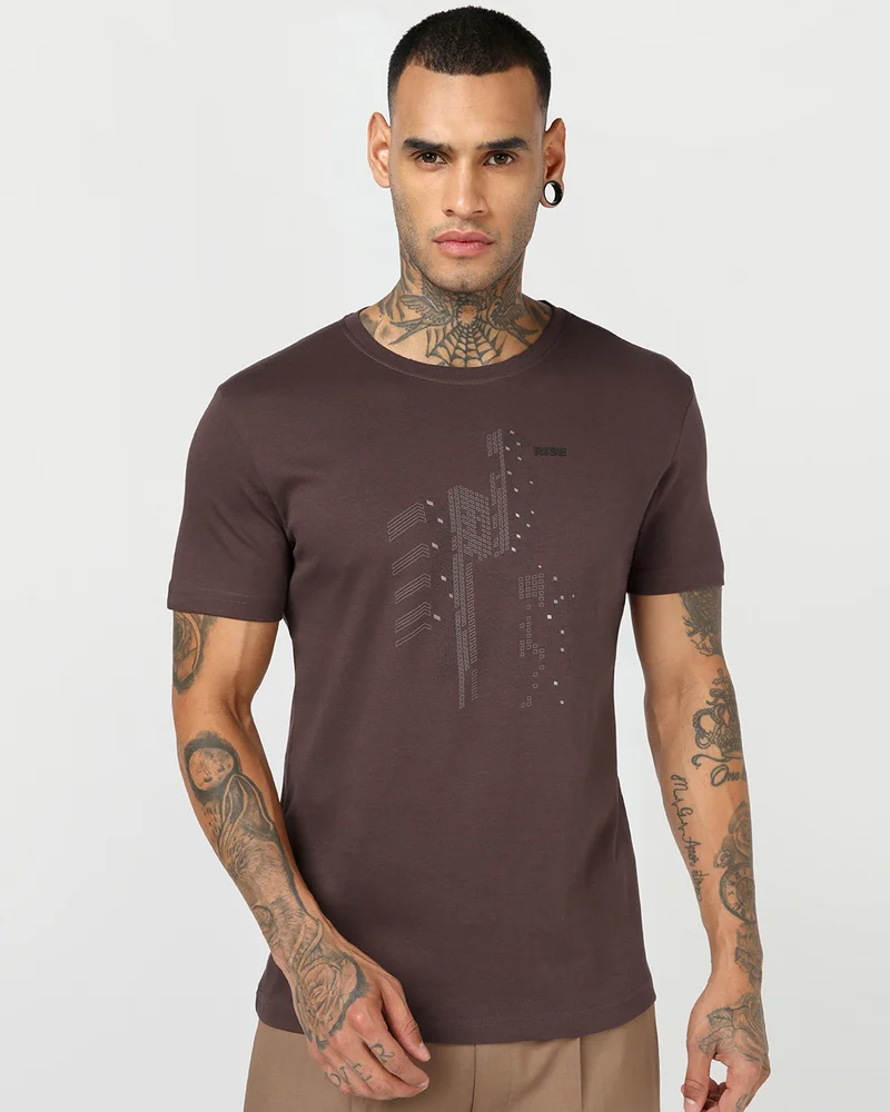 Men's Chicory Coffee Brown Rise Graphic Printed T-shirt
