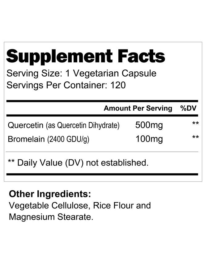 LongLifeNutri Quercetin 500Mg With Bromelain 100Mg 120 Vegetarian Capsules  Natural Antioxidant Supplement  Relief Complex  Dihydrate Pure Powder Extract Cap 500 Mg Plus - Image 3