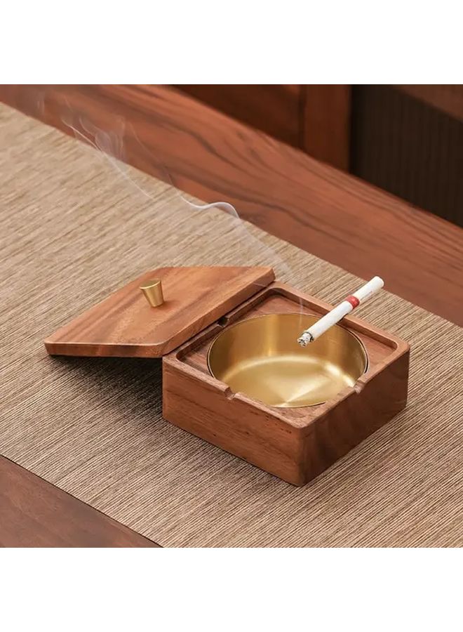 Walnut Wood Ashtray With Smoke Proof Lid And Golden Liner Removable Stainless Steel Tray - Image 2