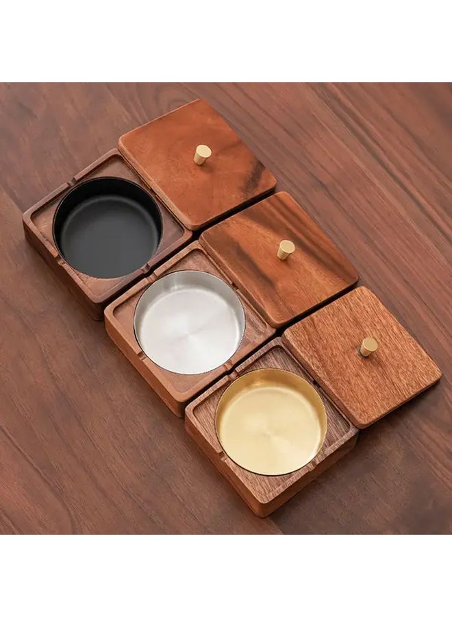 Walnut Wood Ashtray With Smoke Proof Lid And Golden Liner Removable Stainless Steel Tray - Image 3
