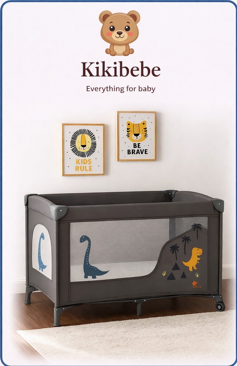 كيكيبيبي سرير أطفال محمول قابل للطي من Kikibebe قابل للتحويل إلى سرير بالحجم الكامل - روضة أطفال متعددة الوظائف لحديثي الولادة بتصميم متحرك - رمادي - Image 1