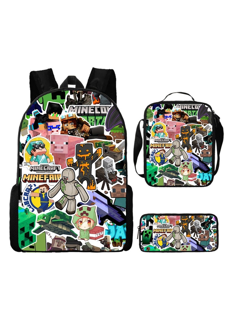 ماين كرافت حقيبة ظهر ذات طباعة رقمية ذات سعة كبيرة، مجموعة من ثلاث قطع، حقيبة غداء، حقيبة قلم، بوليستر، حقيبة ظهر مريحة لتقليل الحمل للطلاب والأطفال للجنسين - Image 1