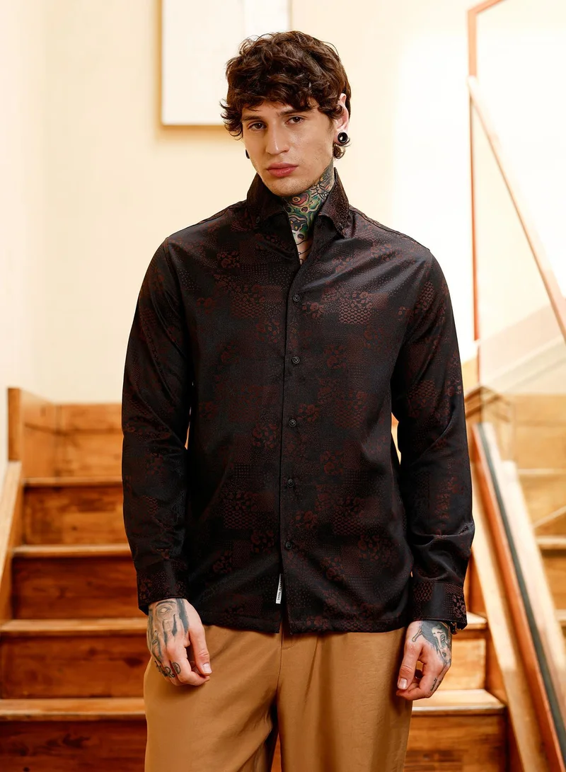 Campus Sutra Men Dark-Tone Flora-Block Jacquard Shirt | Button-Down One-Piece Collar Long Cuffed Sleeves | Button Closure Curved Hem | Floral Jacquard | Woven Fabric For Casual & Party Wear | Brown