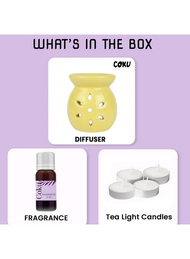 coku Coku Ceramic Diffuser Pot Essential Oil Burner Clay Lamp Wax Warmer Aromatherapy Oil Diffuser with 4 Tea Lights & 10ml Lemon Grass Aroma Oil for Home, Office Spa, Meditation Or Yoga (Yellow) - Image 3