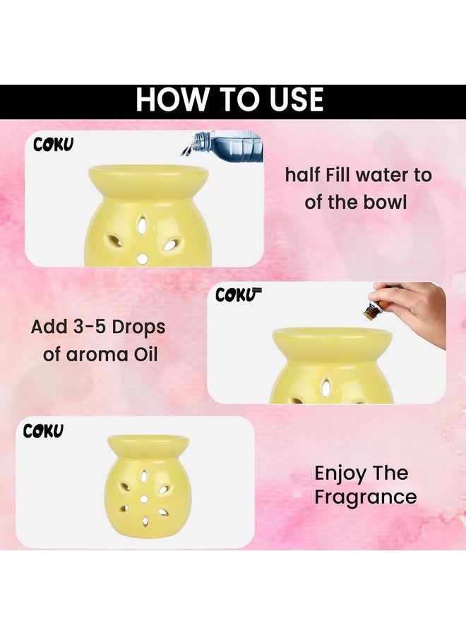 coku Coku Ceramic Diffuser Pot Essential Oil Burner Clay Lamp Wax Warmer Aromatherapy Oil Diffuser with 4 Tea Lights & 10ml Lemon Grass Aroma Oil for Home, Office Spa, Meditation Or Yoga (Yellow) - Image 4