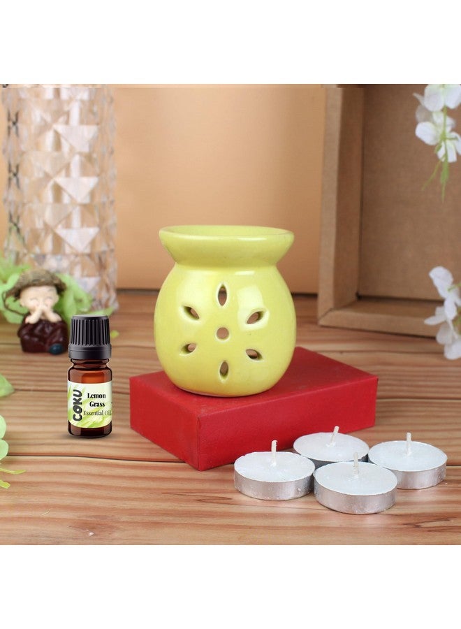coku Coku Ceramic Diffuser Pot Essential Oil Burner Clay Lamp Wax Warmer Aromatherapy Oil Diffuser with 4 Tea Lights & 10ml Lemon Grass Aroma Oil for Home, Office Spa, Meditation Or Yoga (Yellow) - Image 1
