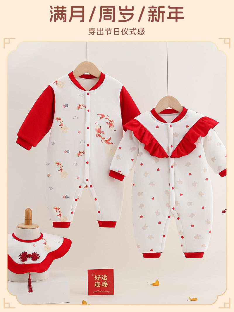Baby Saliva Towel Full Moon 100 Days Girl Bib Baby 200G Padded Cotton Jumpsuit Baby Climbing Suit - Image 2