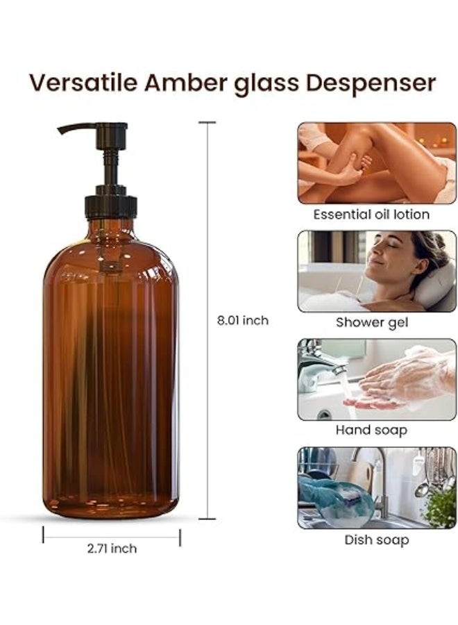 Sunrise Premium Amber Glass Soap Dispenser with Plastic Pump, 16 Oz Pack of 2 Brown Dish and Hand Soap Dispenser Set Refillable Reusable Apothecary Soap Pump Dispenser bottles for Bathroom and Kitchen - Image 3
