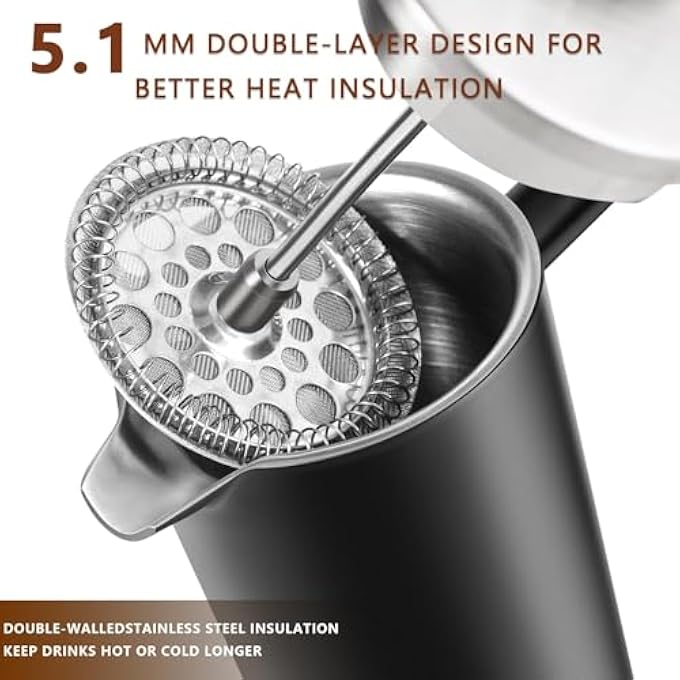 NALACAL ماكينة صنع القهوة 12 أونصة متينة مزدوجة الجدار من الفولاذ المقاوم للصدأ 304 وعاء قهوة فرنسي صغير الحجم للسفر والتخييم باللون الأسود - Image 4