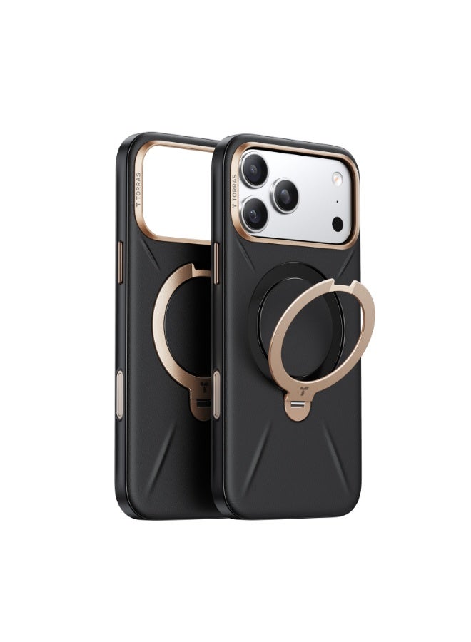 TORRAS Ostand Spin VegSkin Series Case for iPhone 17 Pro Max (6.9-Inch) 2025– Magnetic Stand, Premium Leather Touch, Ultra-Thin 360° Rotatable Metal Stand, MagSafe Compatible, Anti-Stain, Slim And Lightweight Cover - Ivory Black - Image 2