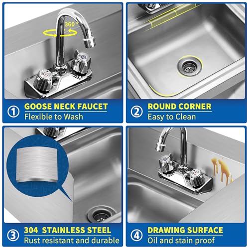 BIEAMA Stainless Steel Hand Sink NSF 17" x 15" Commercial Wall Mount Sink, with Side Splash Guard, Strainer and Faucet, Perfect for Home, Stores, Restaurants, Bars - Image 3