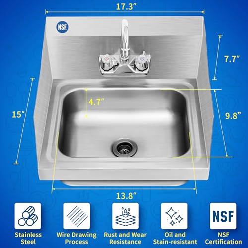 BIEAMA Stainless Steel Hand Sink NSF 17" x 15" Commercial Wall Mount Sink, with Side Splash Guard, Strainer and Faucet, Perfect for Home, Stores, Restaurants, Bars - Image 2
