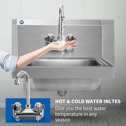 BIEAMA Stainless Steel Hand Sink NSF 17" x 15" Commercial Wall Mount Sink, with Side Splash Guard, Strainer and Faucet, Perfect for Home, Stores, Restaurants, Bars - Image 4