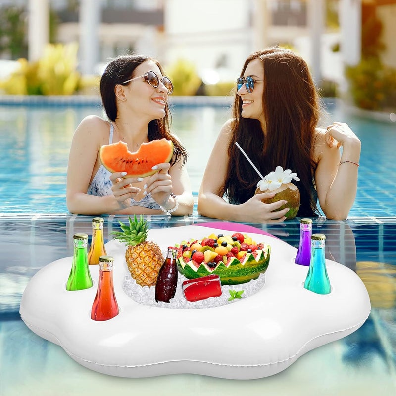 راحة بوفيه تقديم قابل للنفخ (قطعتان)، حامل زجاجات مشروبات عائم، بار لتقديم المشروبات والسلطات والفواكه، مناسب للحفلات الصيفية الداخلية والخارجية على الشاطئ، حفلات اللواو، النزهات، حفلات الشواء، التخييم، وديكورات الألعاب المائية. - Image 5
