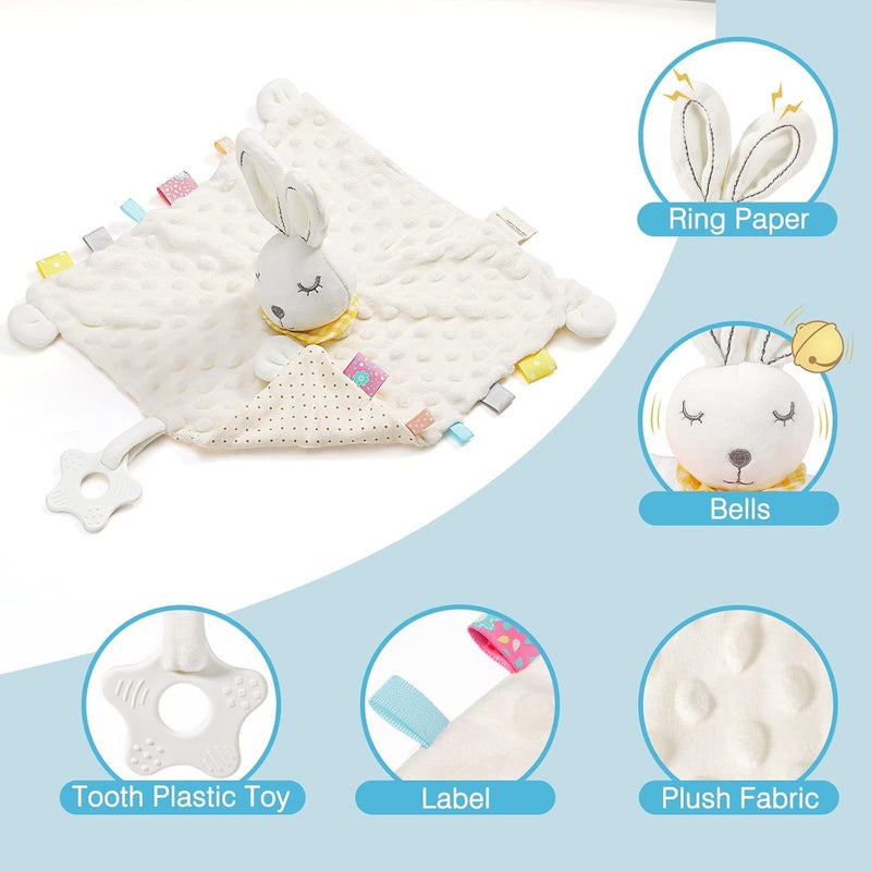 Zooawa Loveys for Babies Security Blanket Soft Stuffed Animal Bunny Lovey Unisex Lovie Baby Stuff Snuggle Blanket with Tags Teether Bells Soothing Plush Toys Baby Gift for Newborn White Rabbit - Image 2