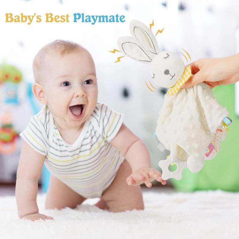 Zooawa Loveys for Babies Security Blanket Soft Stuffed Animal Bunny Lovey Unisex Lovie Baby Stuff Snuggle Blanket with Tags Teether Bells Soothing Plush Toys Baby Gift for Newborn White Rabbit - Image 5