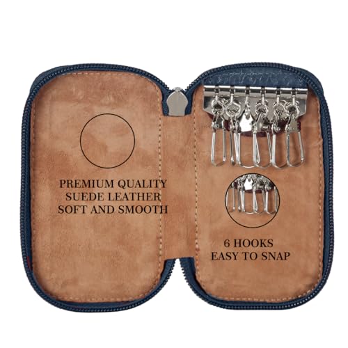Adamis Genuine Leather Keychain Holder Pouch, Key Case, Soft Strong and Compact Organizer and Wallet with Zip Closure for Extra Safety and Key Holder 6 Hooks W55 Blue, Size 6 x 11 cm - Image 5