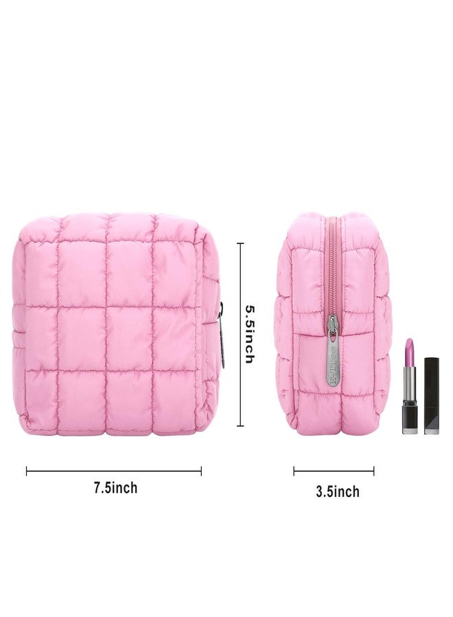 E-Tree Cute Makeup Bag,Quilted Cosmetic Bag for Women,Make up Pouch for Purse,Toiletry Zipper Pouch,Checkered Bag,Travel Case,Storage Pouches for Organization (Pink) - Image 3