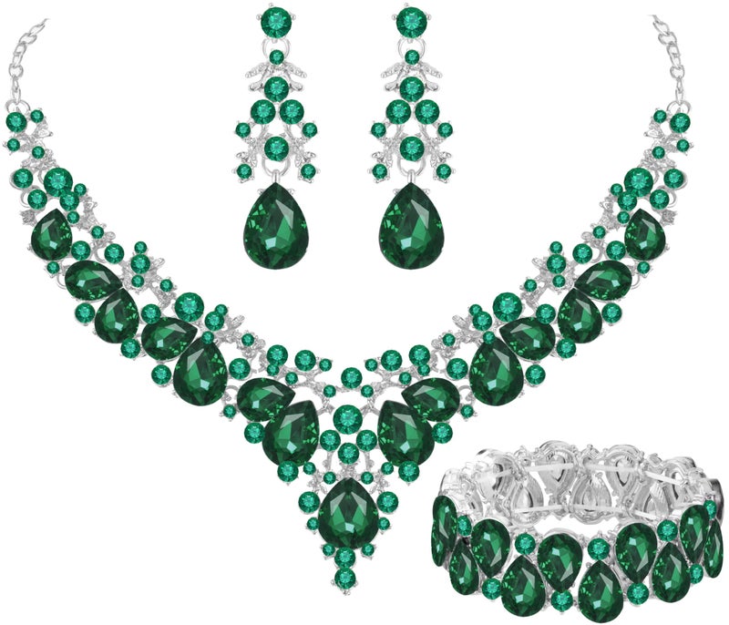 Paxuan Elegant Bridal Wedding Jewelry Set for Women/Brides/Bridesmaids Teardrop Crystal Leaf Cluster Jewelry Set for Wedding Prom Party Bridal Bridesmaids Rhinestone Crystal Necklace Earrings Bracelet Set - Image 1