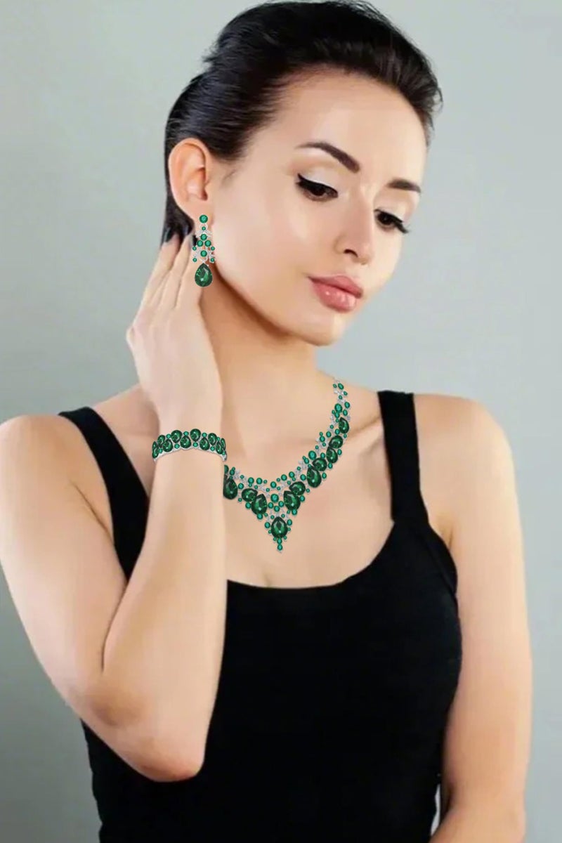 Paxuan Elegant Bridal Wedding Jewelry Set for Women/Brides/Bridesmaids Teardrop Crystal Leaf Cluster Jewelry Set for Wedding Prom Party Bridal Bridesmaids Rhinestone Crystal Necklace Earrings Bracelet Set - Image 3