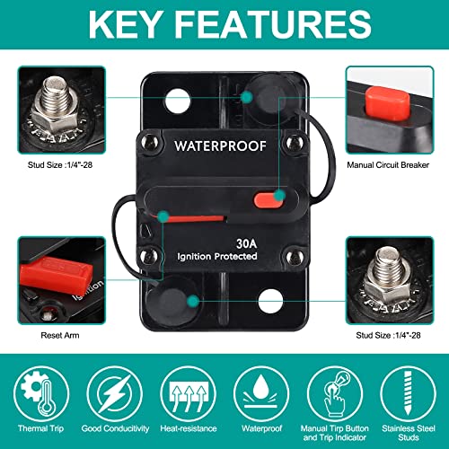 N.C 30 Amp Waterproof Circuit Breaker,with Manual Reset,12V-48V DC, for Car Marine Trolling Motors Boat ATV Manual Power Protect for Audio System Fuse - Image 5