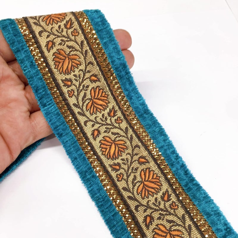 Lami 9 Meter Orange & Blue Border Flower Design Weaving Work Lace with Sequins Work, Banarasi Saree Lace Border Trim Ribbons, Bridal Lehenga Saree Dupatta Suit Anarkali Indian Fashion Accessories - Image 1