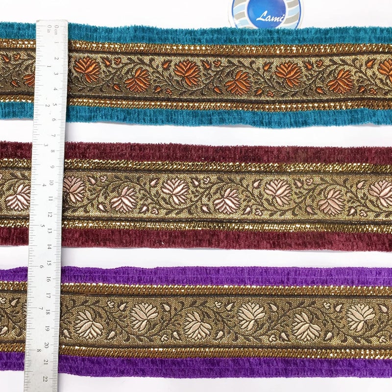 Lami 9 Meter Orange & Blue Border Flower Design Weaving Work Lace with Sequins Work, Banarasi Saree Lace Border Trim Ribbons, Bridal Lehenga Saree Dupatta Suit Anarkali Indian Fashion Accessories - Image 4