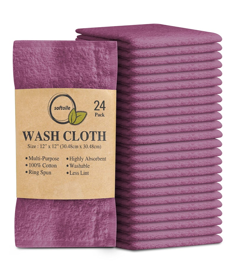 Softolle 100 Cotton Washcloths 24 Pack 12x12 Inches Soft Highly Absorbent Washcloth Face Towels Wash Cloths for Face Ring Spun Bulk Pack Purple Ash
