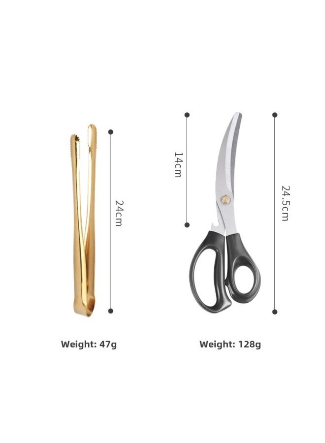E * Japanese 304 Stainless Steel Barbecue Clip Golden Barbecue Clip Lined Food Clip Steak Clip BBQ Buffet Cuisine-Colour:Bare Body Clip 24cm (gold) + Black Scissors - Image 1