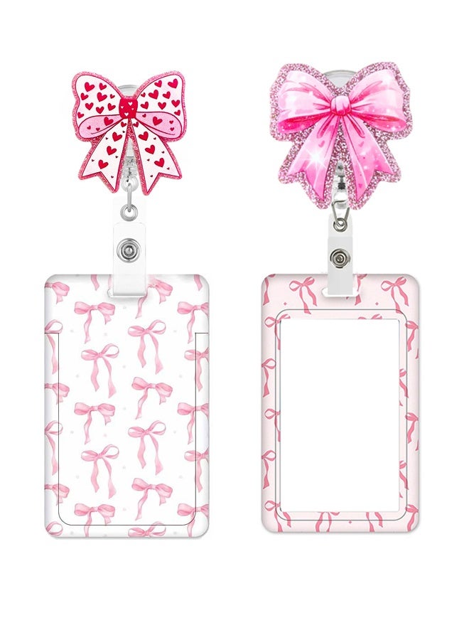 2Pcs Pink Bow Coquette Gifts Set Includes ID Badge Holder and Retractable Badge Reel with Alligator Clip Funny Name Tag Card Holder - Image 1