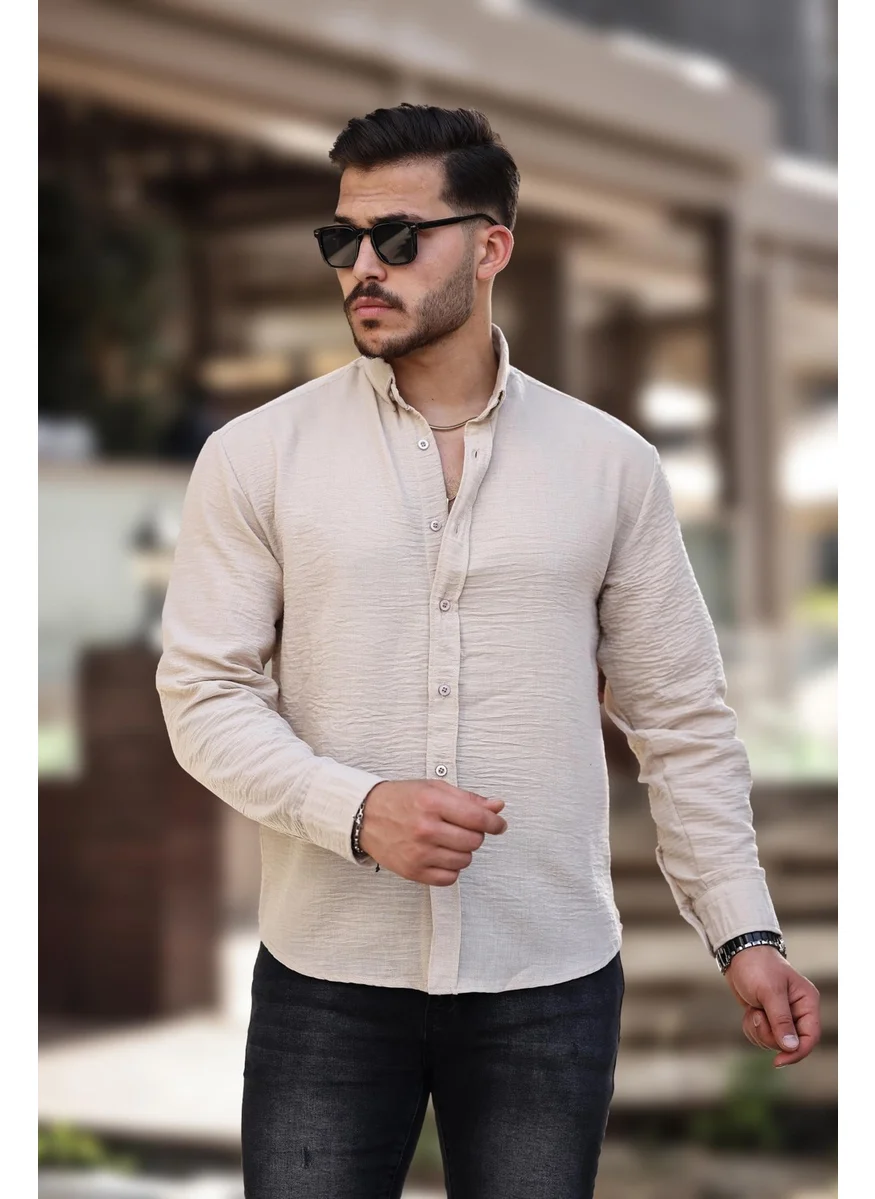 Miron Beige Plain Aerobin Fabric Long Sleeve Regular Fit Shirt - 2425