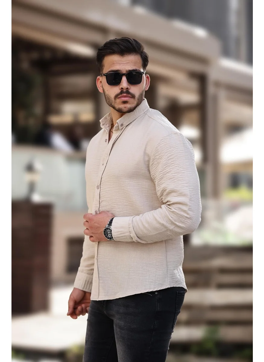 Miron Beige Plain Aerobin Fabric Long Sleeve Regular Fit Shirt - 2425