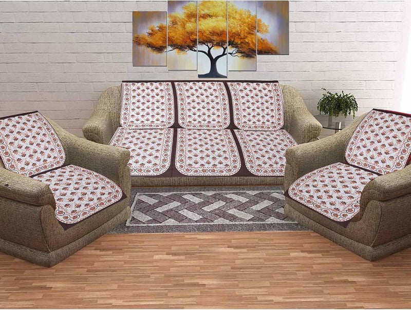 SkyKross - Everyday A New Thing SkyKross Everyday A New Thing Special Floral Cotton Printed ROOMSET Diwan SetSofa Set Single Bedsheet 2 Bolster Covers 5 CushionCovers and Five Seater Sofa Cover Set Brown - Image 2