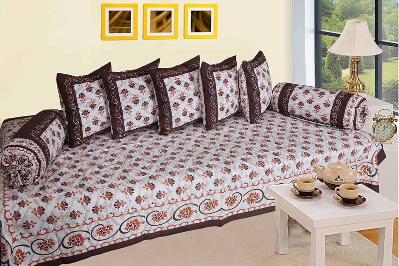 SkyKross - Everyday A New Thing SkyKross Everyday A New Thing Special Floral Cotton Printed ROOMSET Diwan SetSofa Set Single Bedsheet 2 Bolster Covers 5 CushionCovers and Five Seater Sofa Cover Set Brown - Image 3