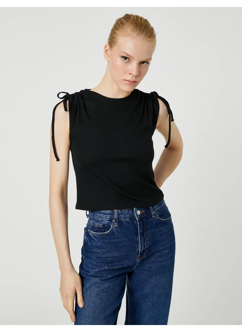 KOTON Crop T-Shirt Sleeveless with Ruffle Detail on Shoulder