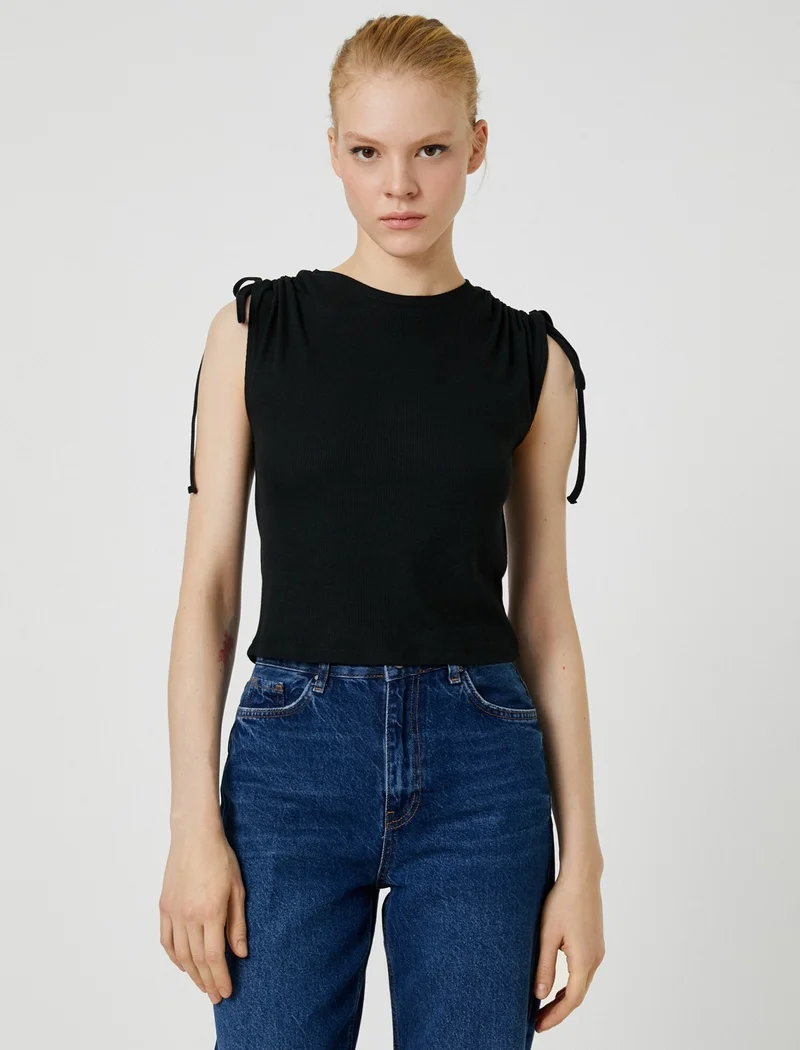KOTON Crop T-Shirt Sleeveless with Ruffle Detail on Shoulder