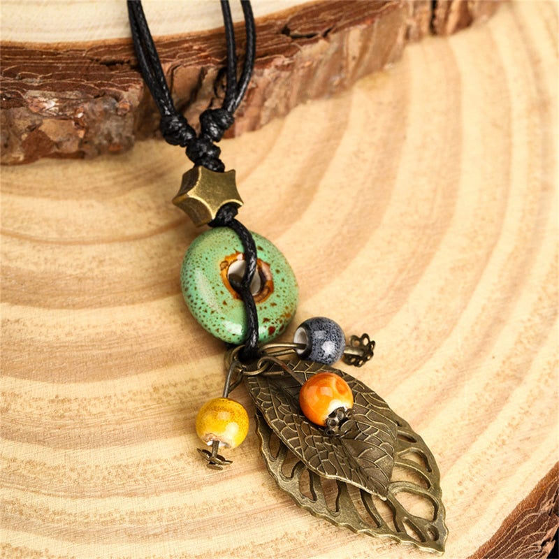 Pingyongchang H&Z Bohemian Colorful Ceramic Beads Lariat Necklace, Hippie Moon Stars Ceramic Tassel Beaded Jewelry Gifts for Women- green - Image 3