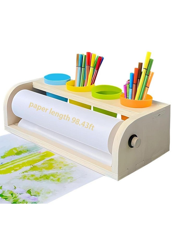 XDONEF Wooden Tabletop Paper Roll Dispenser with Paper Roll 11.4inx98.4ft and Pencil Cups Craft Paper Roll Holder Art Paper Roll Dispenser for Kids Desktop Easel for Drawing - Image 1