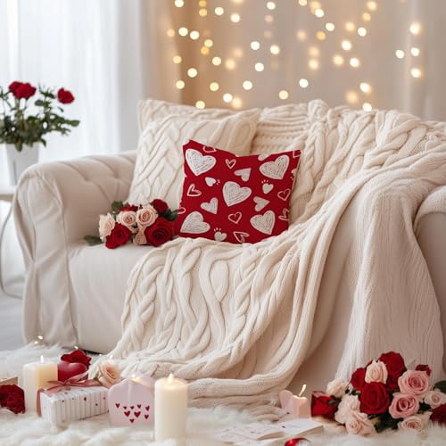 AACORS Valentine's Day Pillow Cover 20X20 Inch Set of 2,White Hearts Decorations Holiday Farmhouse Decorative Pillow Case for Sofa Couch Decor (Red) AK008-20 - Image 4