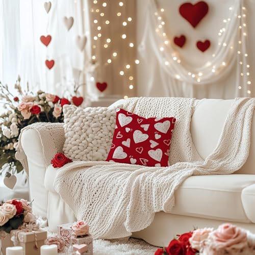 AACORS Valentine's Day Pillow Cover 20X20 Inch Set of 2,White Hearts Decorations Holiday Farmhouse Decorative Pillow Case for Sofa Couch Decor (Red) AK008-20 - Image 2