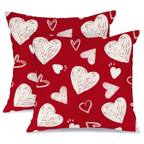 AACORS Valentine's Day Pillow Cover 20X20 Inch Set of 2,White Hearts Decorations Holiday Farmhouse Decorative Pillow Case for Sofa Couch Decor (Red) AK008-20 - Image 1