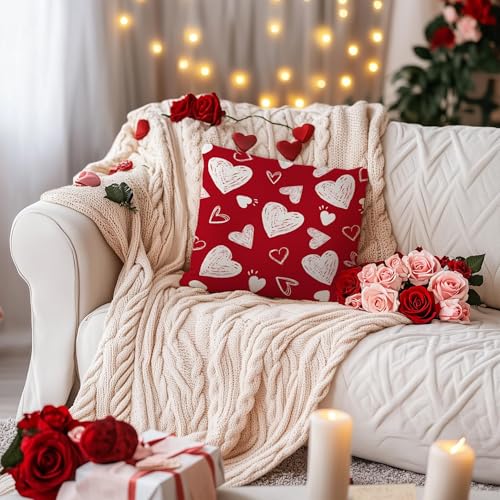 AACORS Valentine's Day Pillow Cover 20X20 Inch Set of 2,White Hearts Decorations Holiday Farmhouse Decorative Pillow Case for Sofa Couch Decor (Red) AK008-20 - Image 3