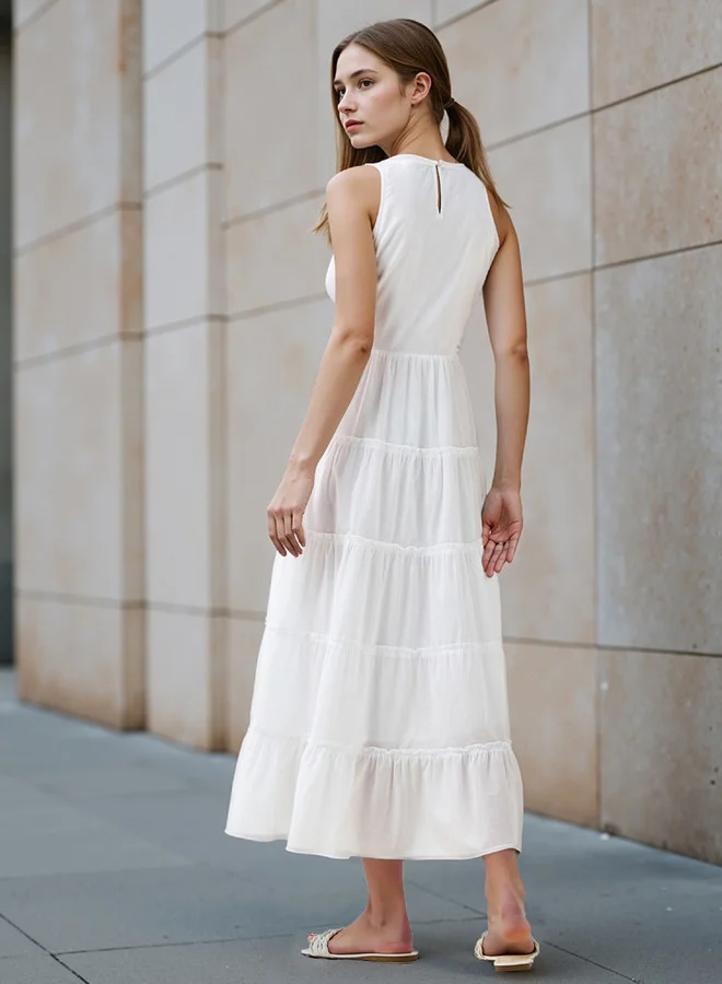 Lee Cooper  Lee Cooper Tiered Sleeveless Maxi Cotton Dress with Embroidered Detail for Women | Best Price UAE